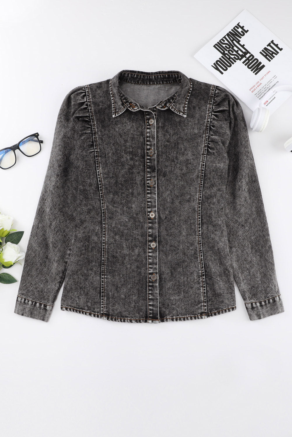 Honeybee Mumford's Black Puff Sleeve Button-Up Denim Jacket