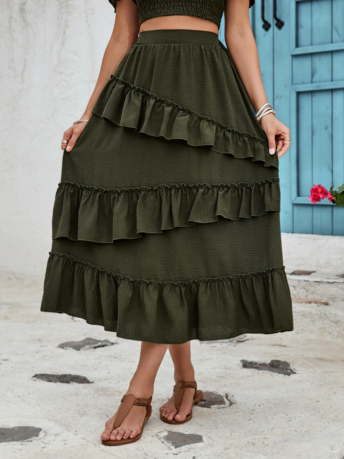 Honeybee Mumford's Ruffled Elastic Waist Midi Skirt