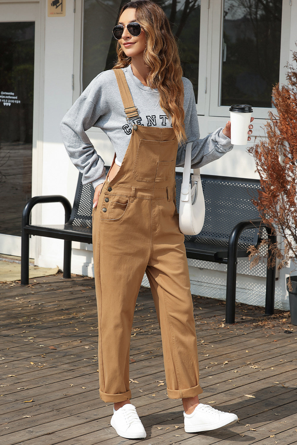 Honeybee Mumford's Khaki Vintage Multi Pockets Buckle Strap Cargo Denim Overalls