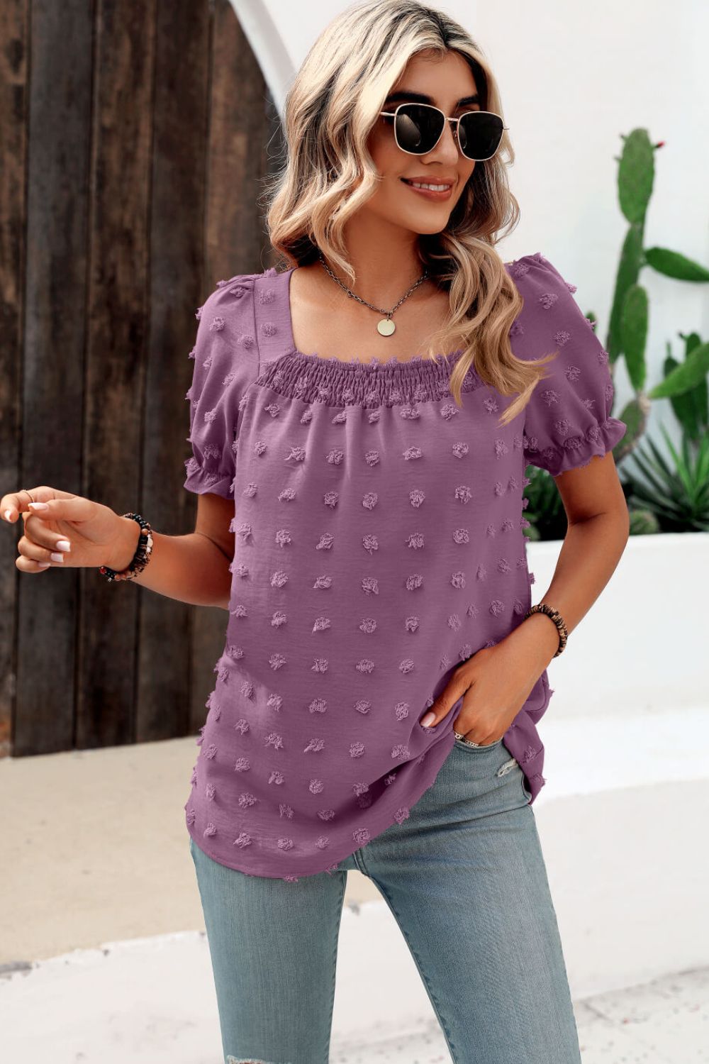 Honeybee Mumford's Swiss Dot Puff Sleeve Square Neck Blouse