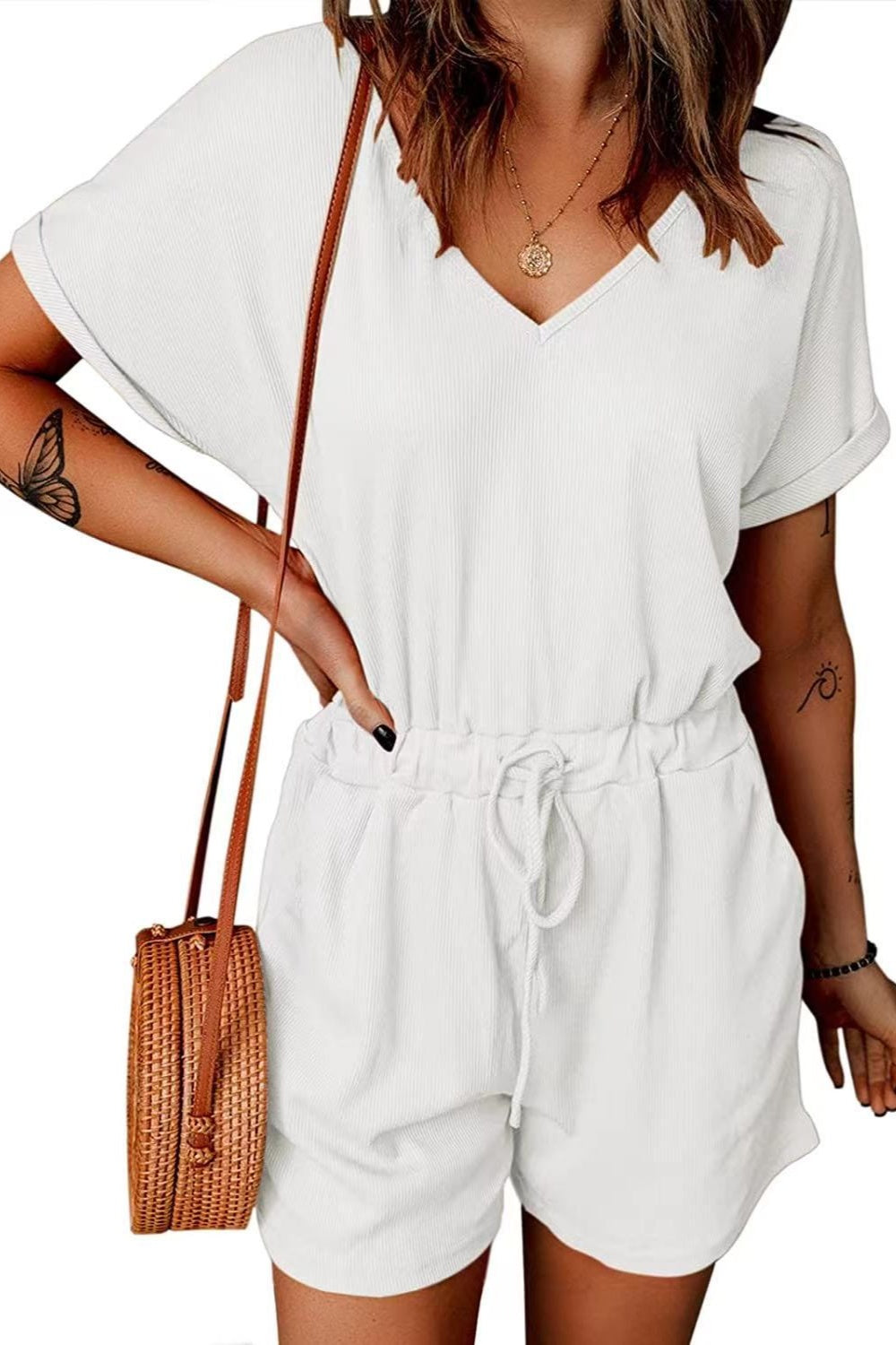 Honeybee Mumford's Full Size Drawstring V-Neck Short Sleeve Romper