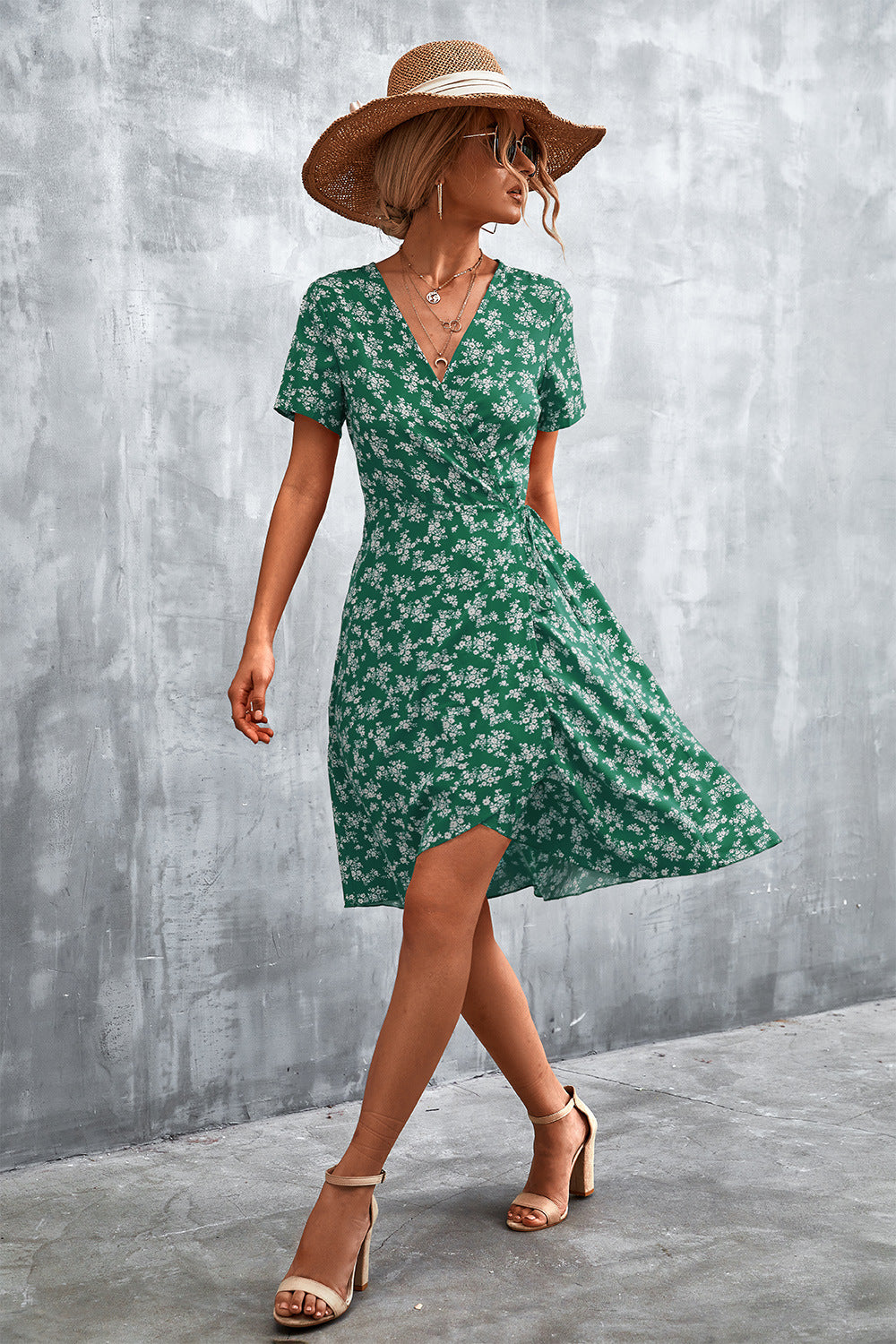 Honeybee Mumford's Floral Surplice Neck Flutter Sleeve Dress