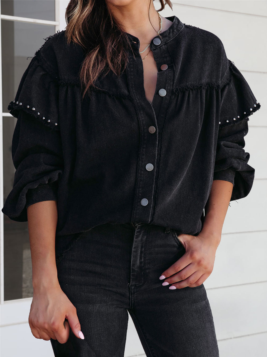 Honeybee Mumford's Button-Down Denim Jacket w/Raw Hem in Black & Turquoise