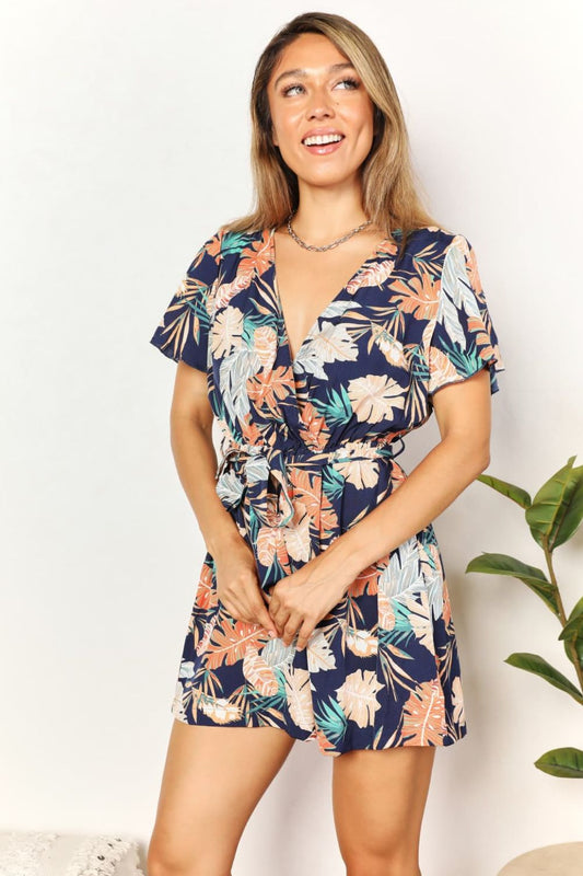 Honeybee Mumford's Multicolor Botanical Print Romper w/Surplice Necktie Waist