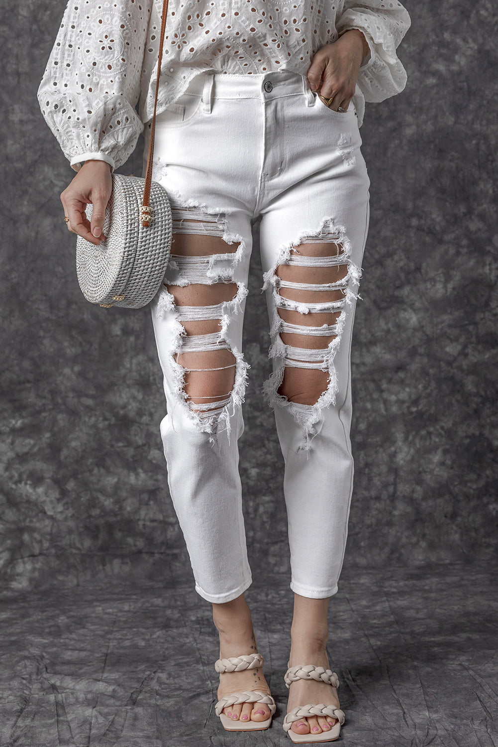 Honeybee Mumford's White Distressed Ripped Holes High Waist Skinny Jeans