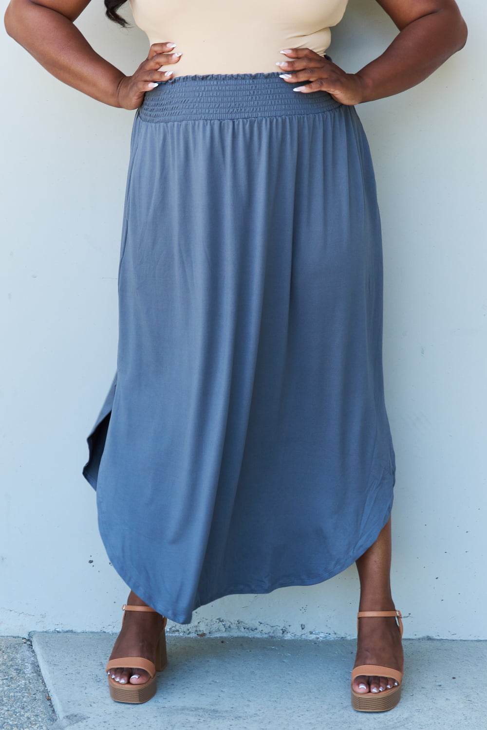 Honeybee Mumford's Full Size High Waist Scoop Hem Maxi Skirt in Dusty Blue