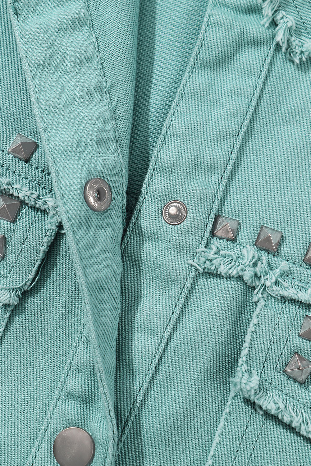 Honeybee Mumford's Mist Green Frayed Trim Riveted Denim Jacket