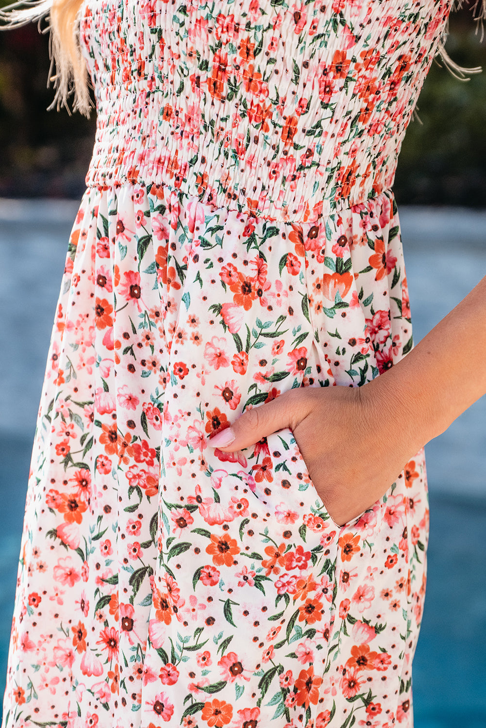 Honeybee Mumford's White Boho Floral Smocked Ruffled Maxi Dress