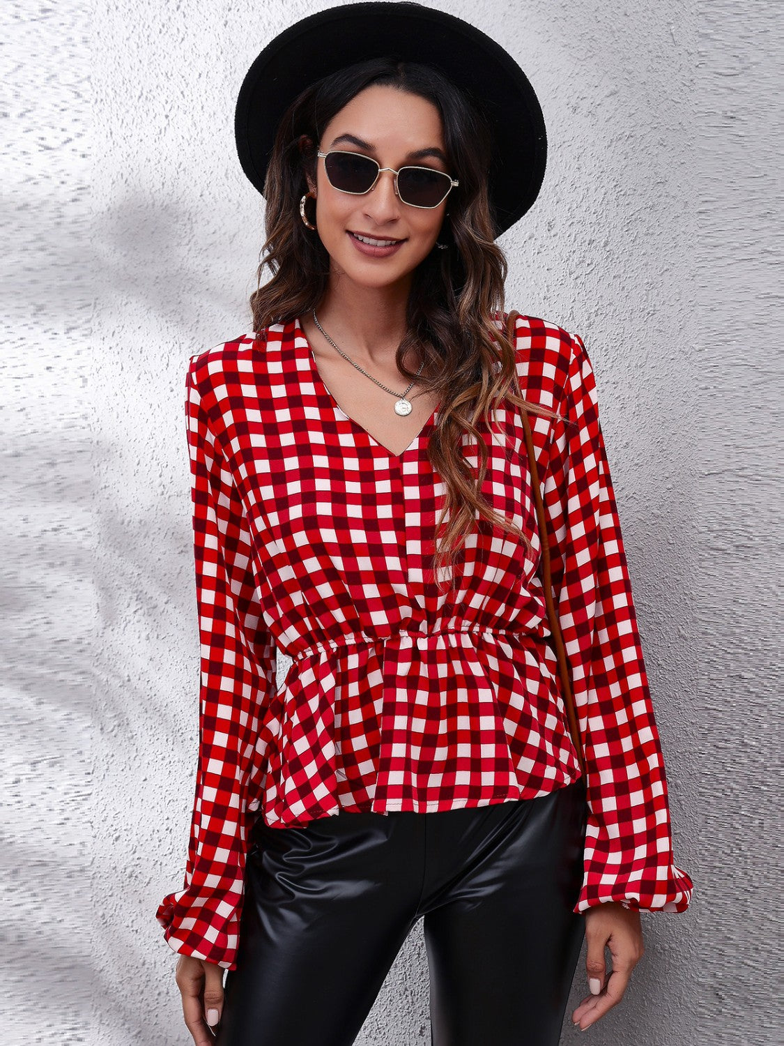 Honeybee Mumford's Plaid V-Neck Balloon Sleeve Peplum Blouse