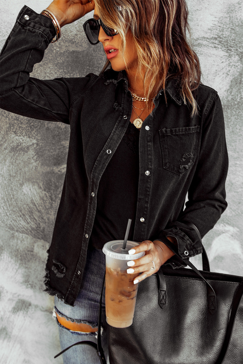 Honeybee Mumford's Distressed Snap Down Denim Jacket