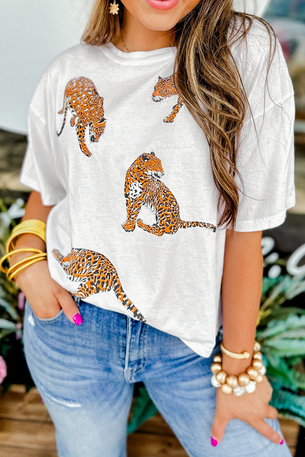 Honeybee Mumford's White Leopard Print Drop Shoulder Casual T Shirt