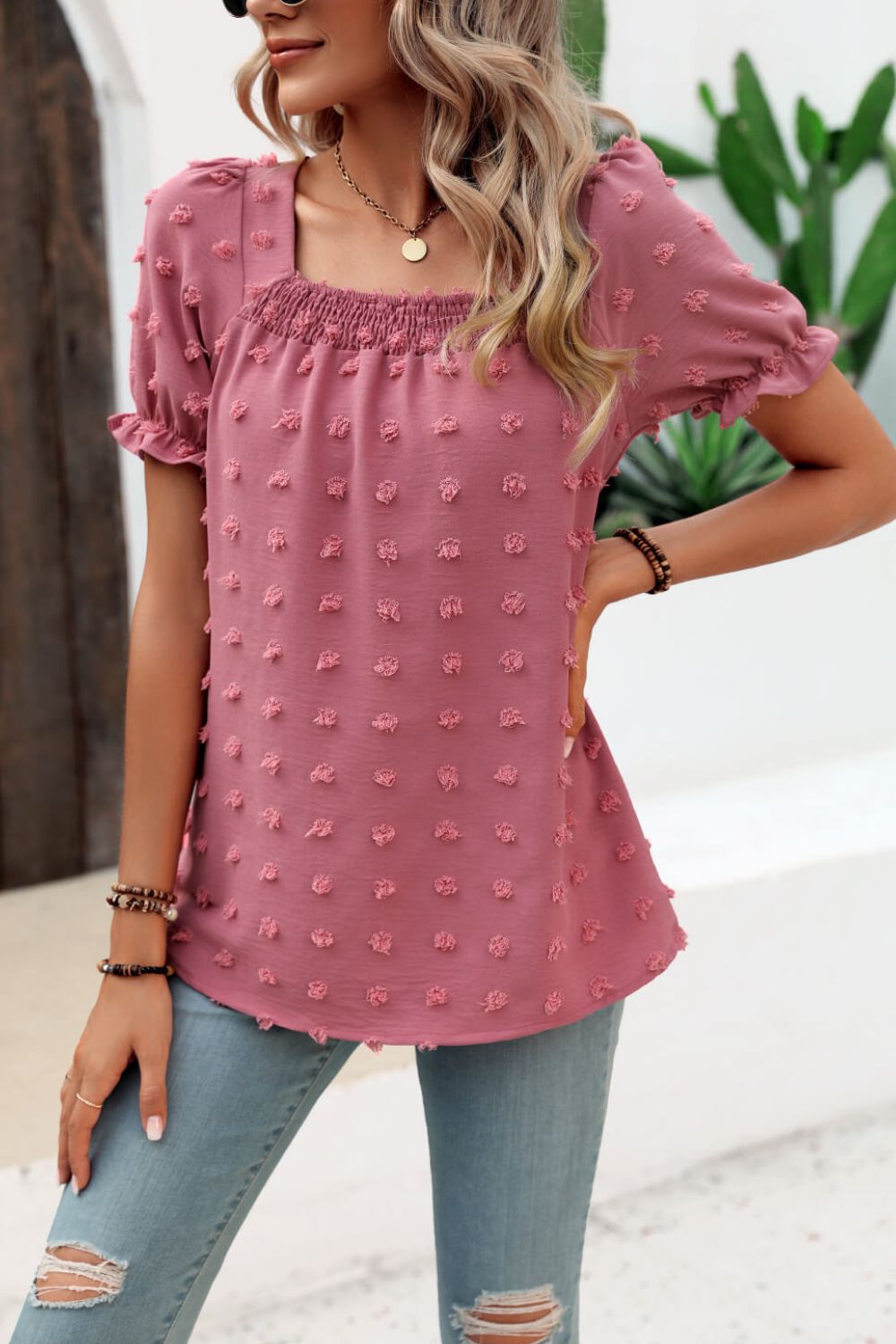 Honeybee Mumford's Swiss Dot Puff Sleeve Square Neck Blouse