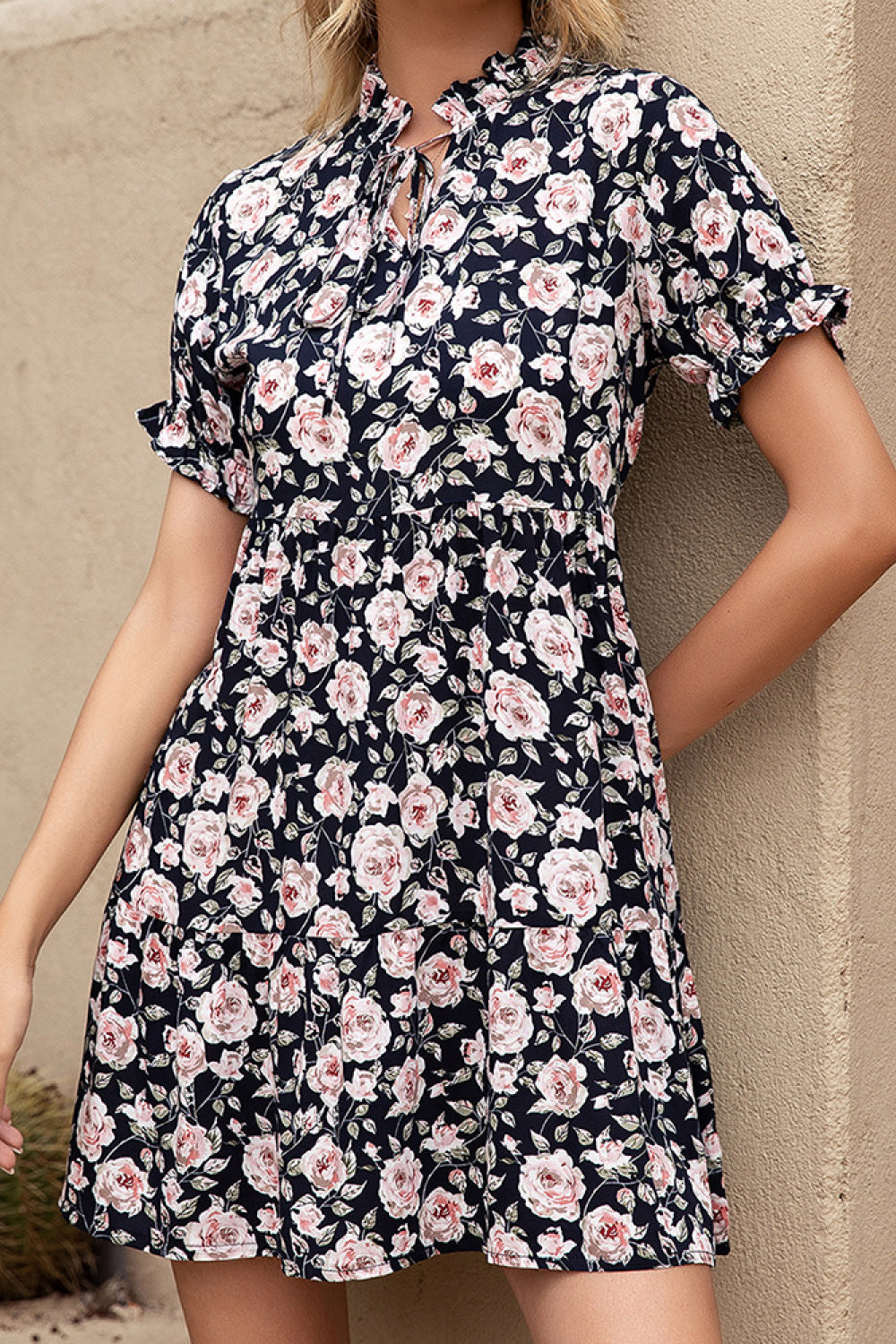 Honeybee Mumford's Floral Ruffle Trim Tie-Neck Dress