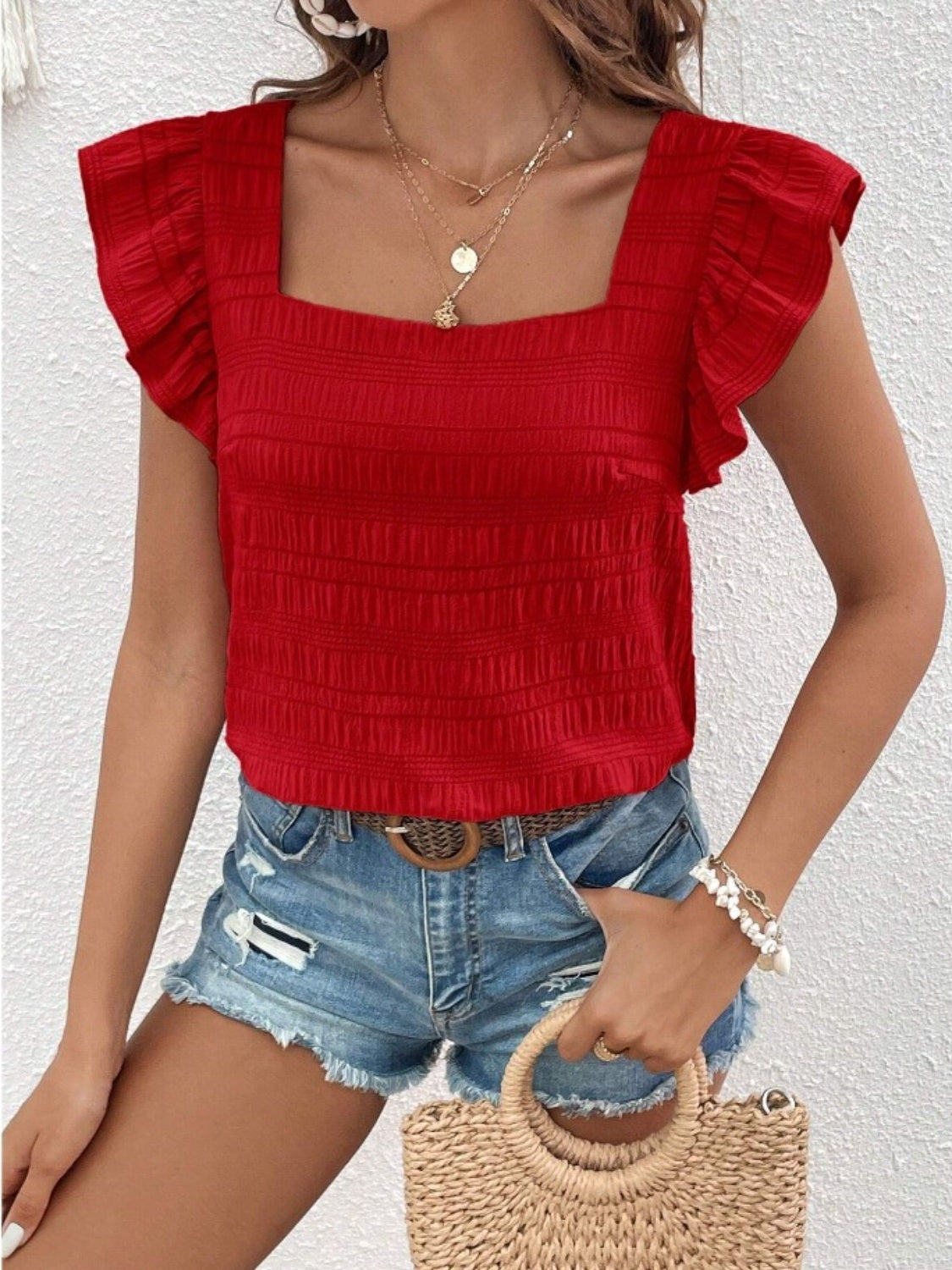 Honeybee Mumford's Ruffled Square Neck Cap Sleeve Blouse