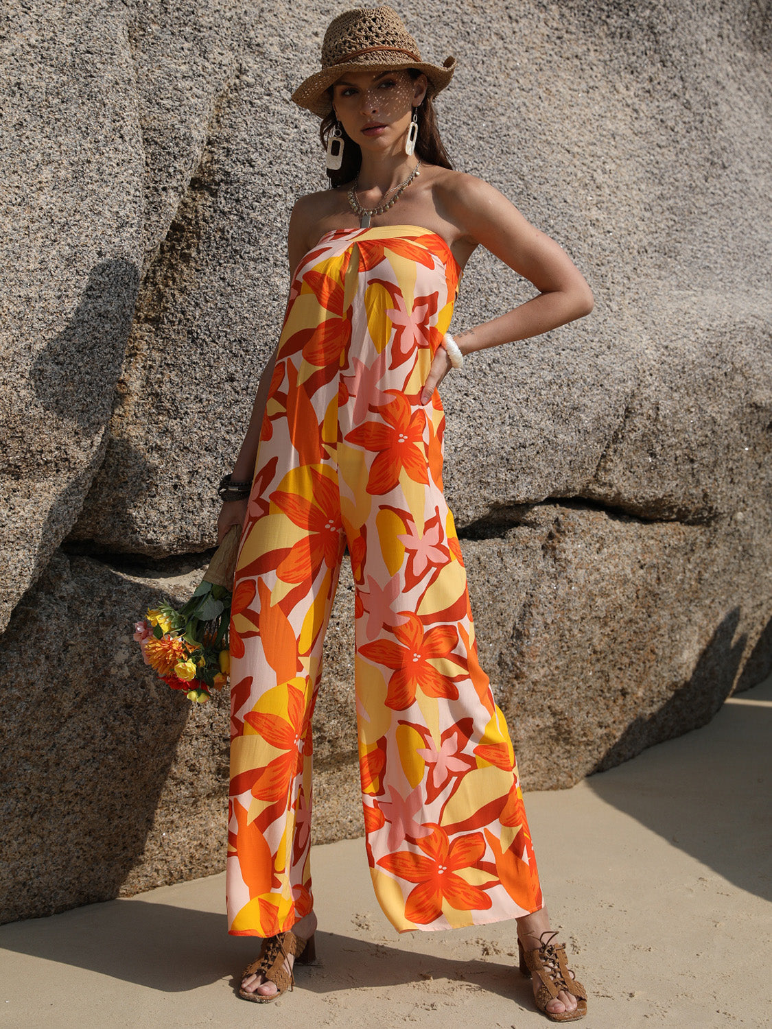 Honeybee Mumford's Tied Printed Tube Wide Leg Jumpsuit