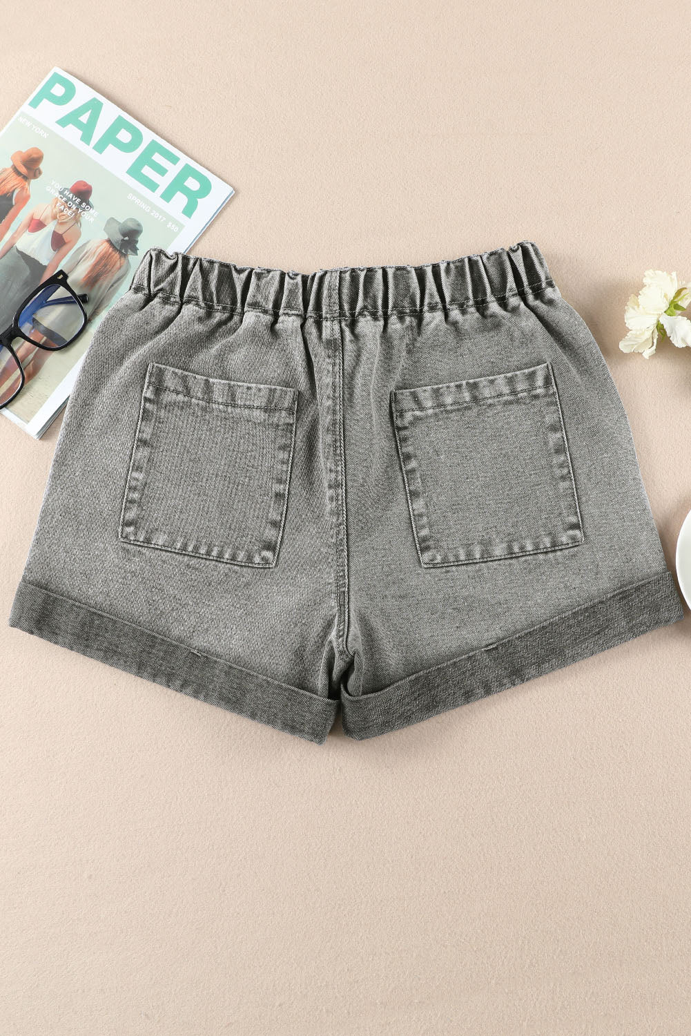 Honeybee Mumford's Gray Pocketed Drawstring High Waist Denim Shorts