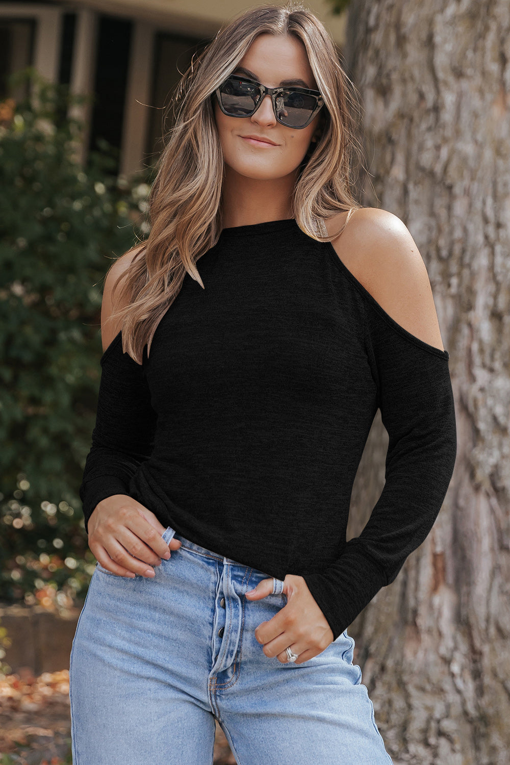 Honeybee Mumford's Round Neck Cold Shoulder Long Sleeve Top