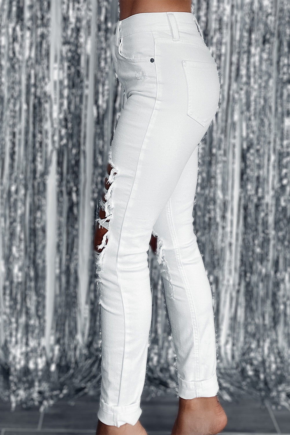 Honeybee Mumford's White Distressed Ripped Holes High Waist Skinny Jeans