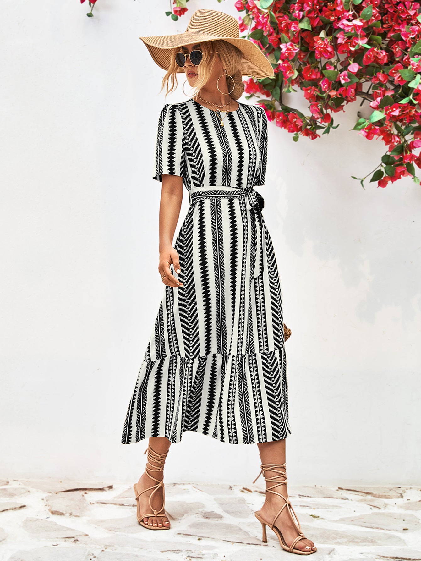 Honeybee Mumford's Striped Tie Belt Round Neck Puff Sleeve Dress