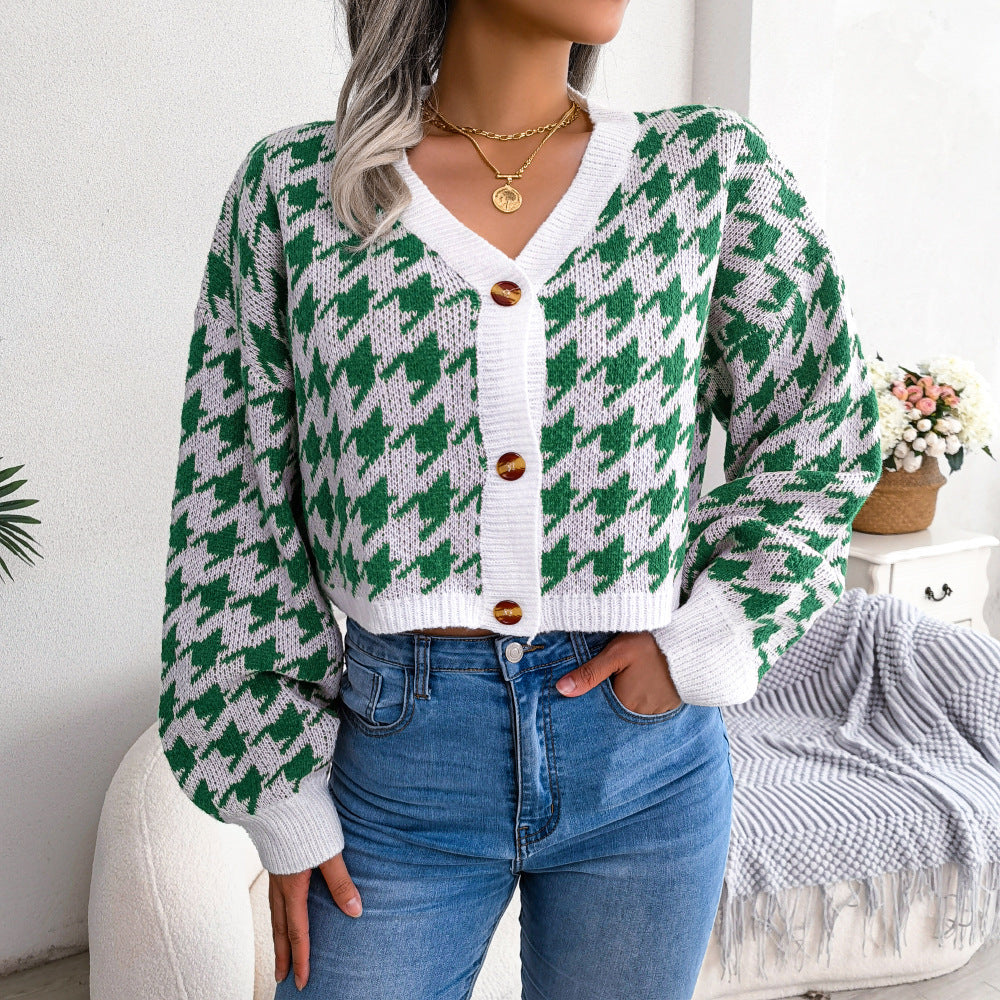 Honeybee Mumford's Houndstooth V-Neck Dropped Shoulder Cropped Cardigan