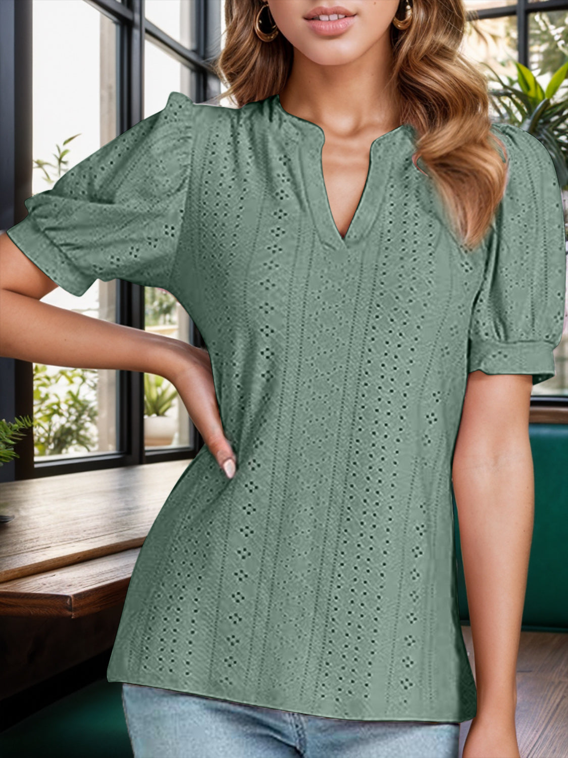 Honeybee Mumford's Eyelet Notched Short Sleeve Blouse