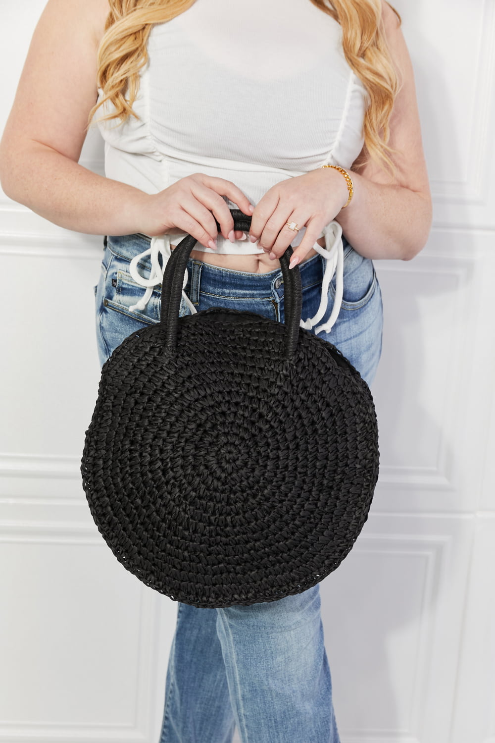 Honeybee Mumford's Beach Date Straw Rattan Handbag in Black