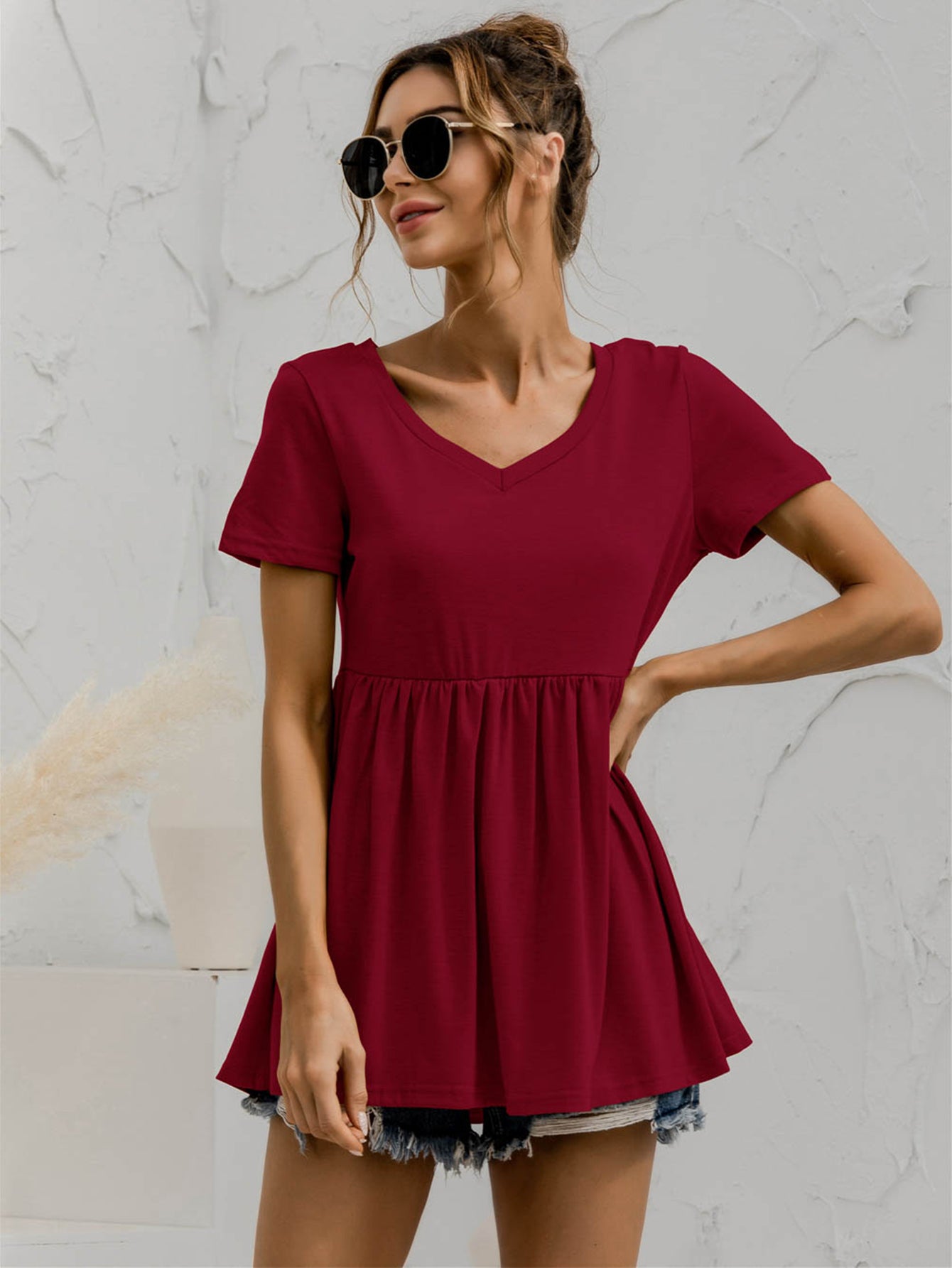 Honeybee Mumford's V-Neck Short Sleeve Babydoll Top