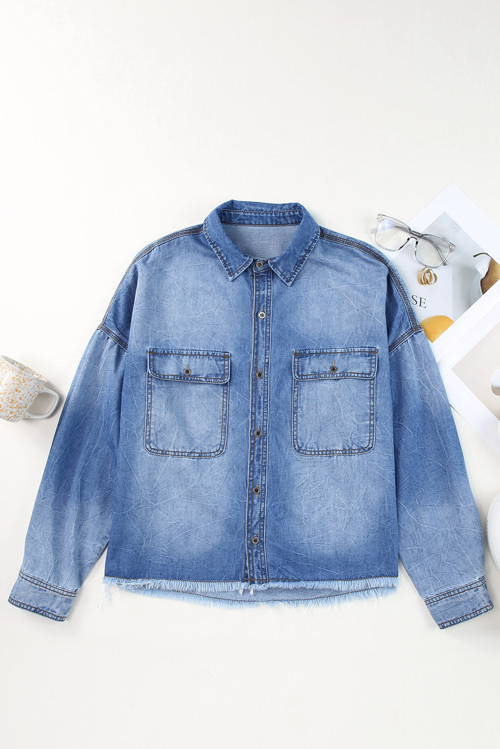 Honeybee Mumford's Sky Blue Flap Pockets Raw Hem Denim Shacket