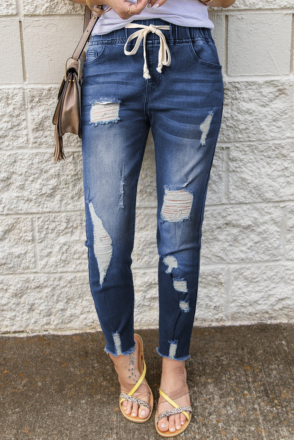 Honeybee Mumford's Drawstring Distressed Raw Hem Jeans with Pockets