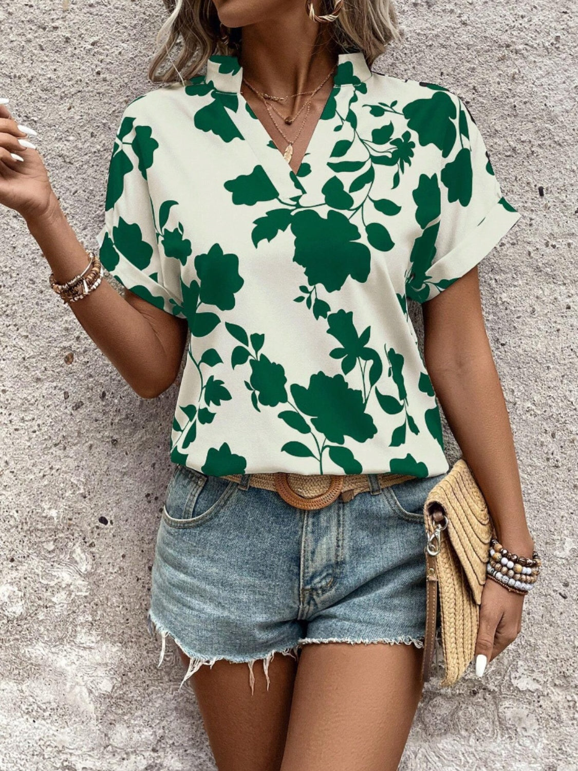 Honeybee Mumford's Flower Notched Short Sleeve Blouse