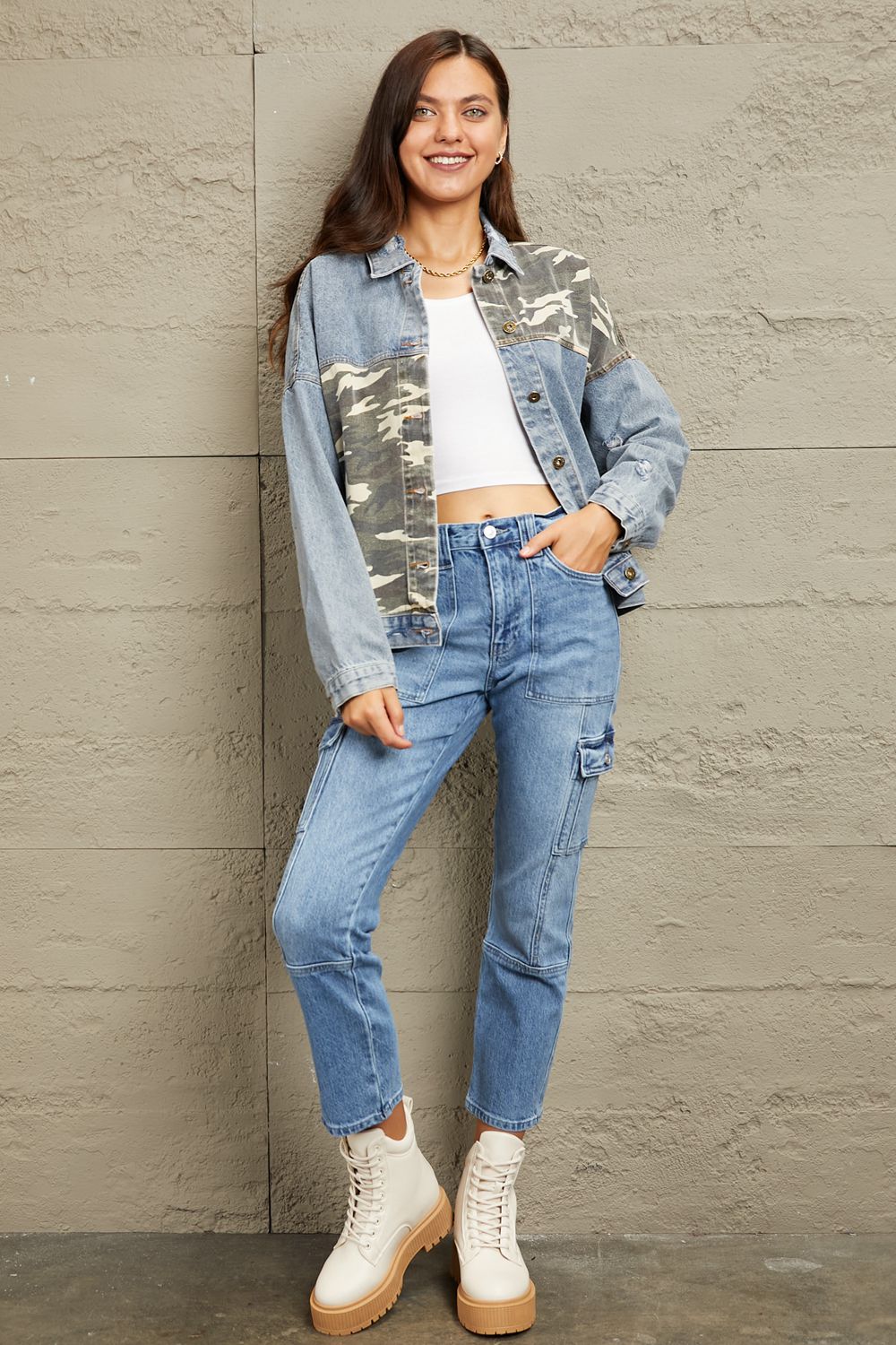 Honeybee Mumford's Full Size Washed Denim Camo Contrast Jacket