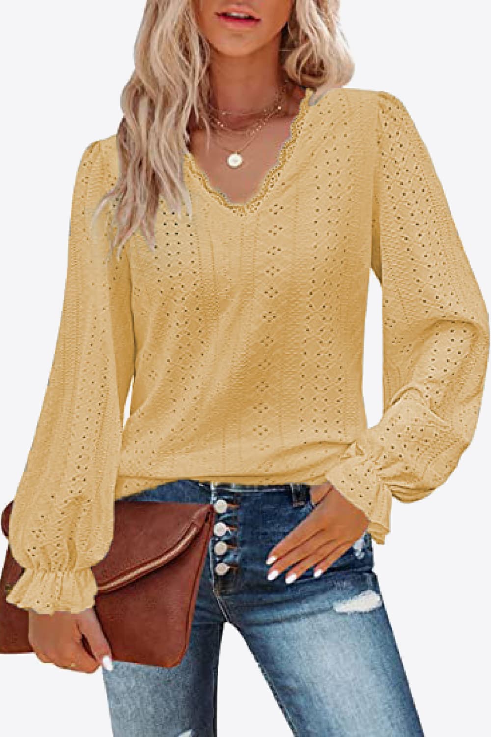 Honeybee Mumford's Eyelet V-Neck Flounce Sleeve Blouse