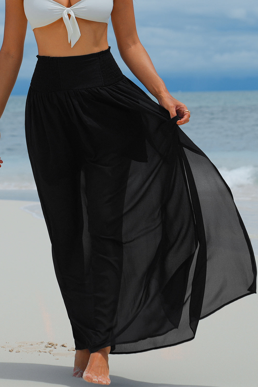 Honeybee Mumford's Black Shirred High Waist Chiffon Split Beach Maxi Skirt