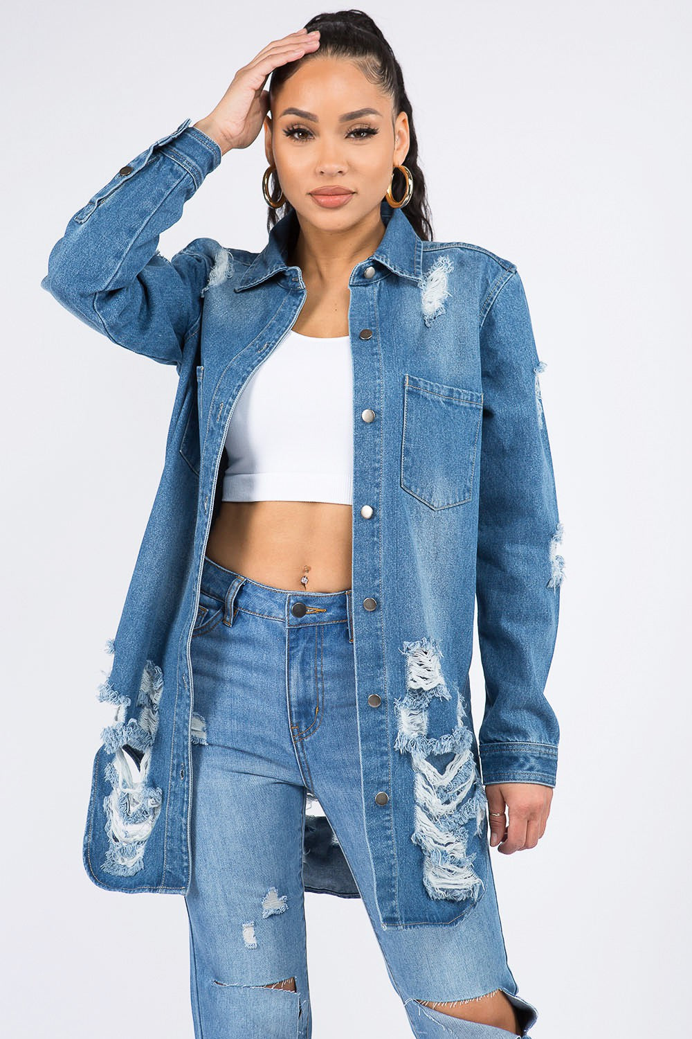 Honeybee Mumford's Distressed Button-Down Denim Shirt Jacket