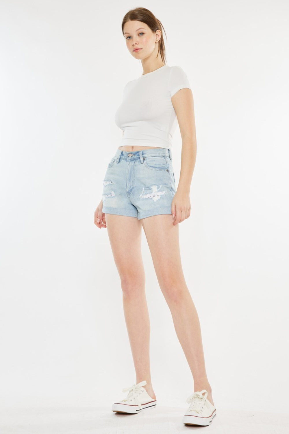 Honeybee Mumford's High Rise Repaired Mom Denim Shorts