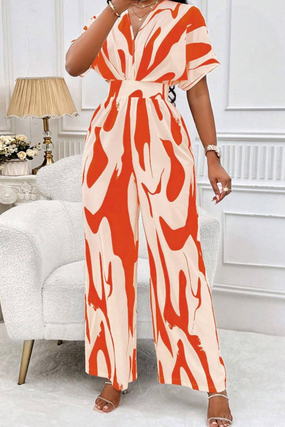 Honeybee Mumford's Printed V-Neck Short Sleeve Wide Leg Jumpsuit