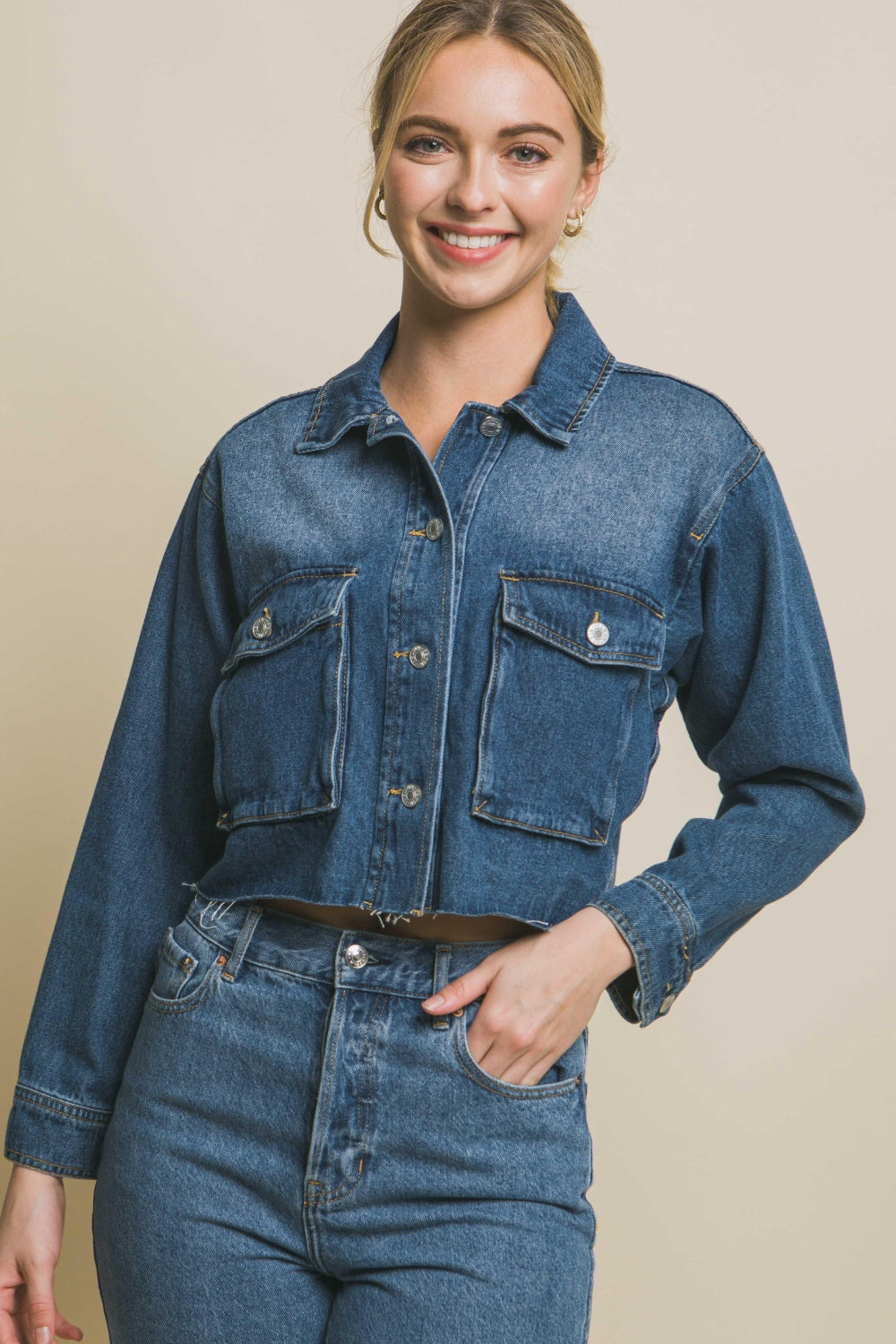 Honeybee Mumford's Love Tree Raw Hem Button Up Cropped Denim Jacket