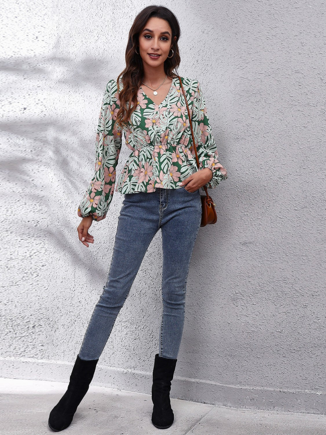 Honeybee Mumford's Floral V-Neck Balloon Sleeve Peplum Blouse