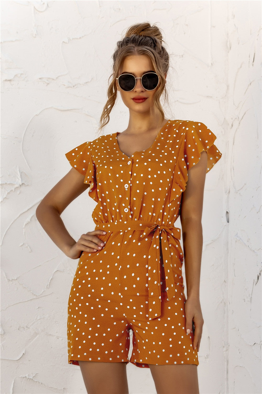 Honeybee Mumford's Ruffled Polka Dot Half Button Romper