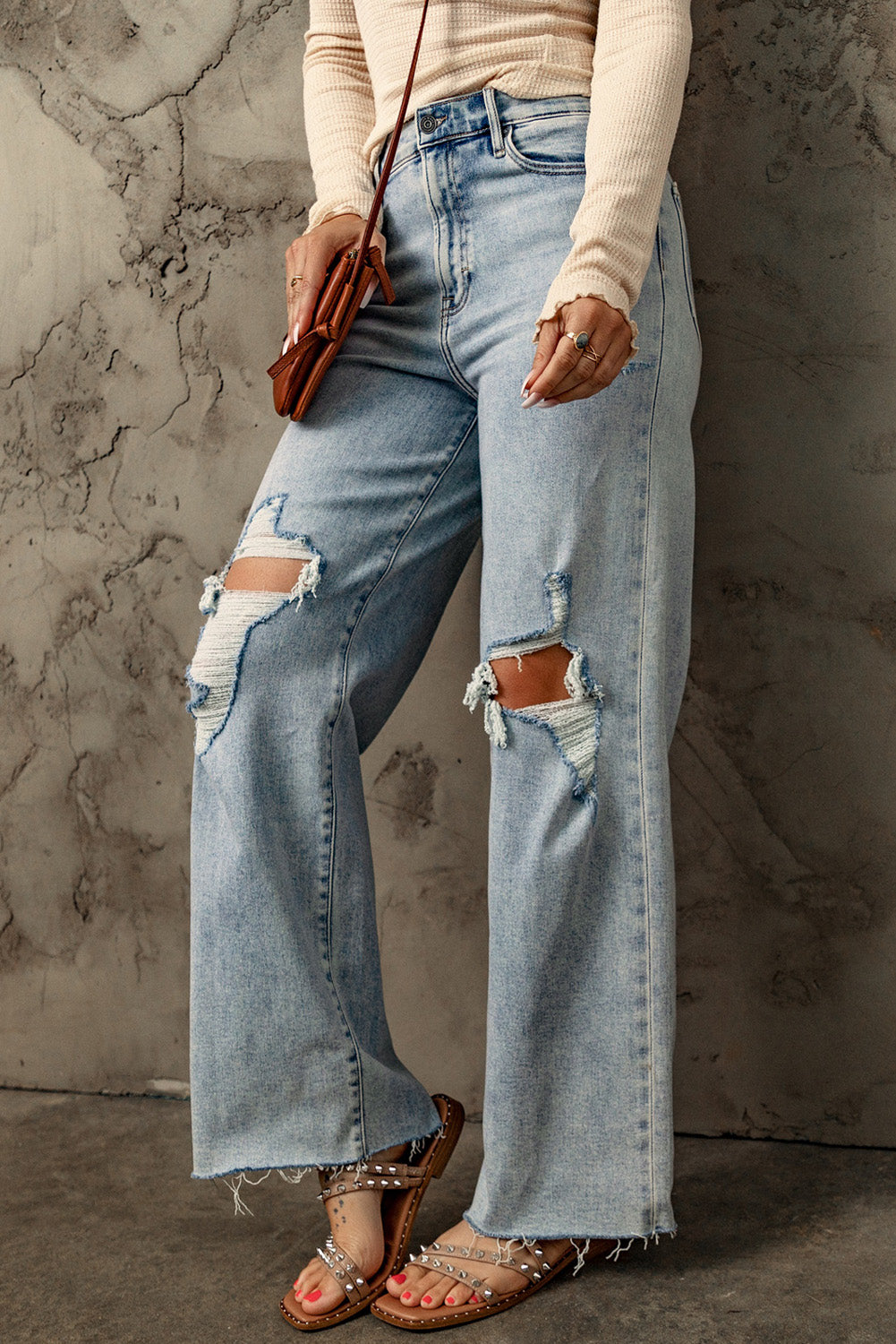 Honeybee Mumford's Sky Blue Distressed Frayed Hem Holed Straight Leg Loose Jeans