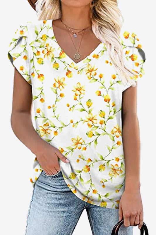 Honeybee Mumford's Printed Petal Sleeve V-Neck Blouse