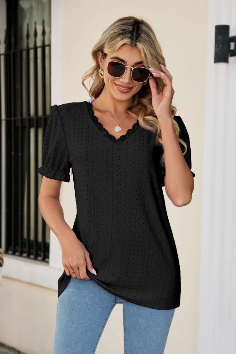 Honeybee Mumford's Eyelet Flounce Sleeve Scalloped V-Neck Top