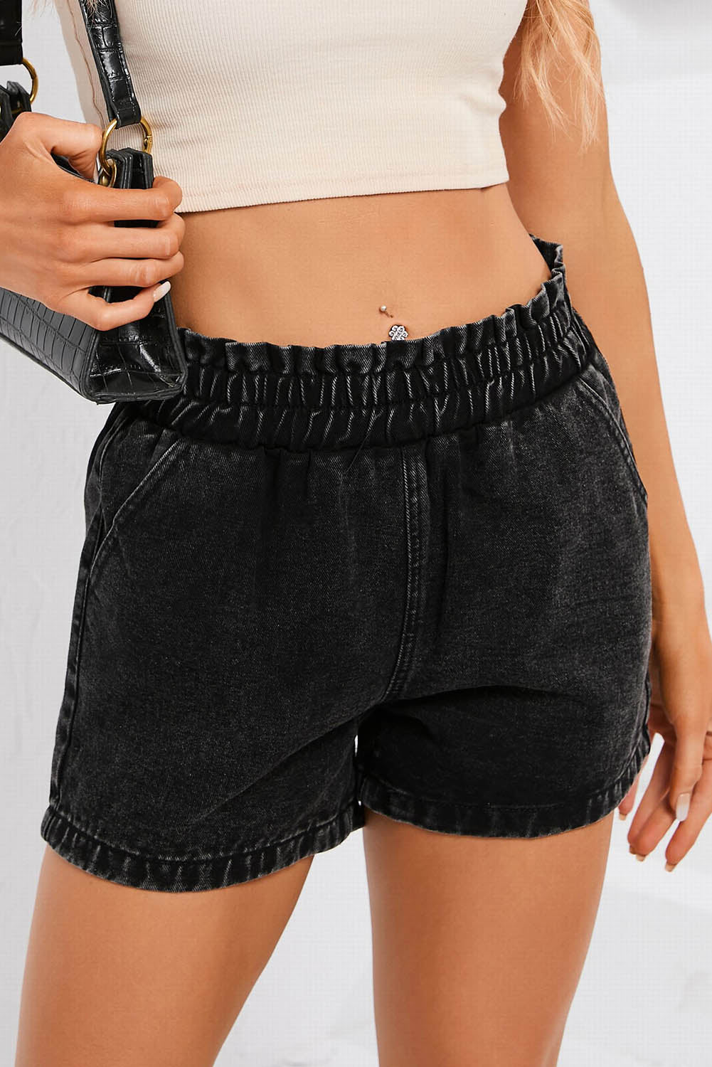 Honeybee Mumford's Black Retro Bleach-washed Ruffled Elastic High Waist Denim Shorts