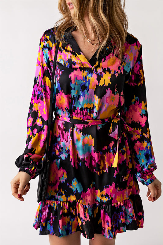 Honeybee Mumford's Casual Abstract Print Belted Ruffle Hem Dress