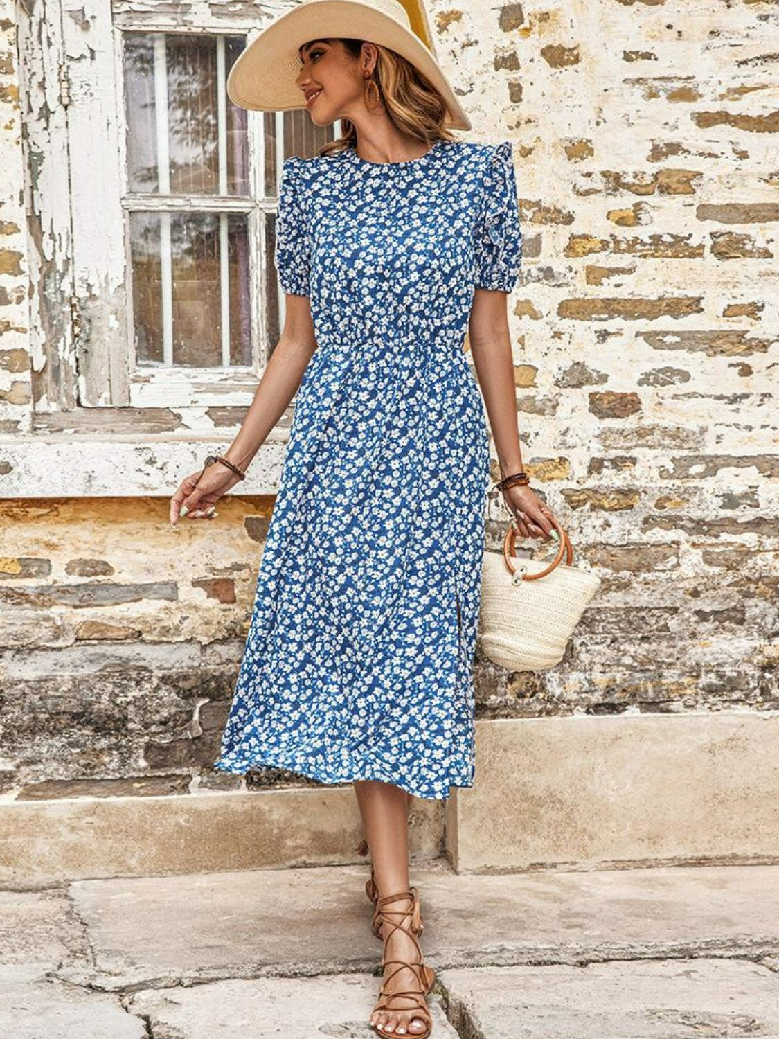 Honeybee Mumford's Floral Round Neck Split Midi Dress