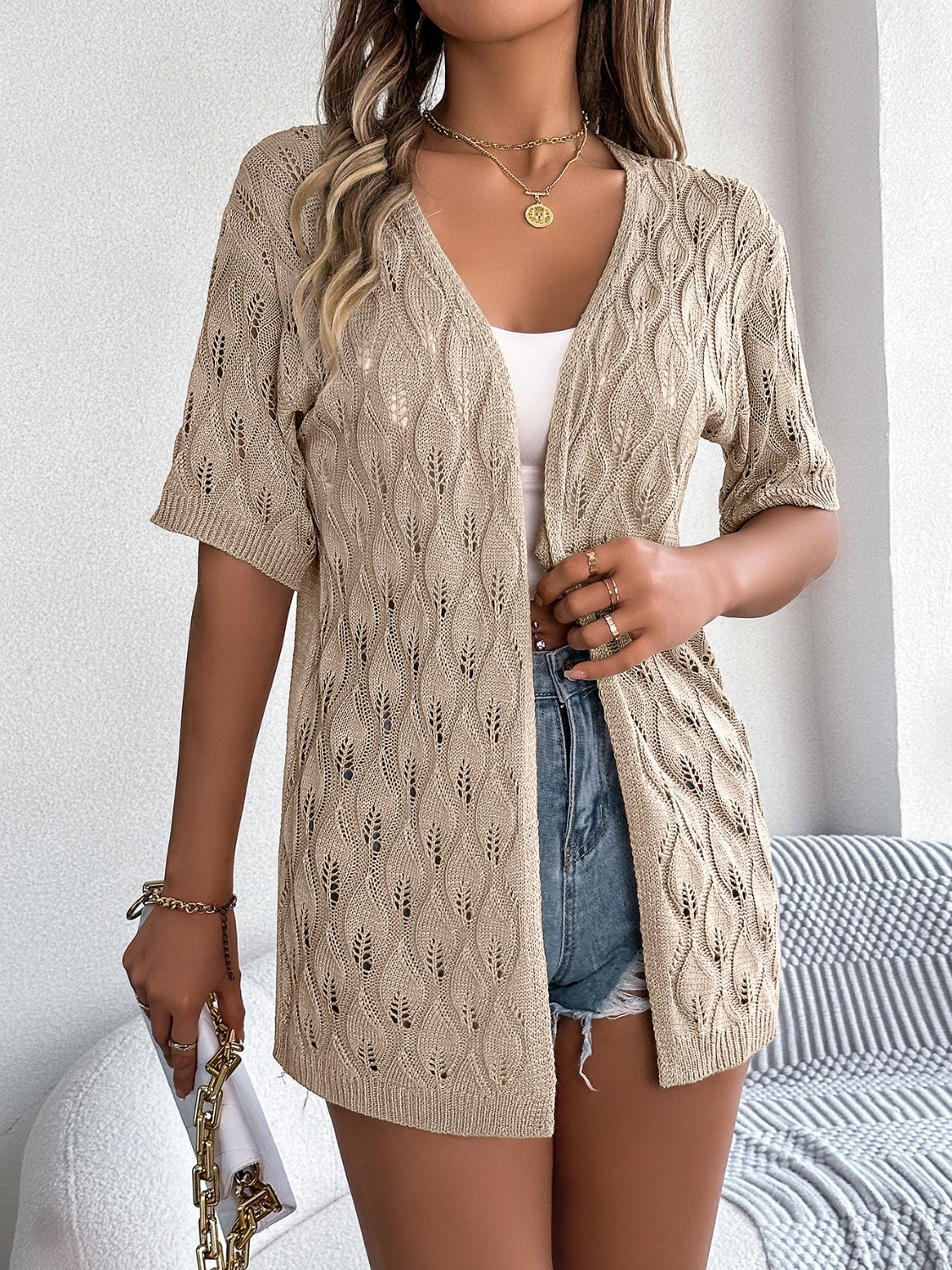 Honeybee Mumford's Openwork Open Front Short Sleeve Cardigan