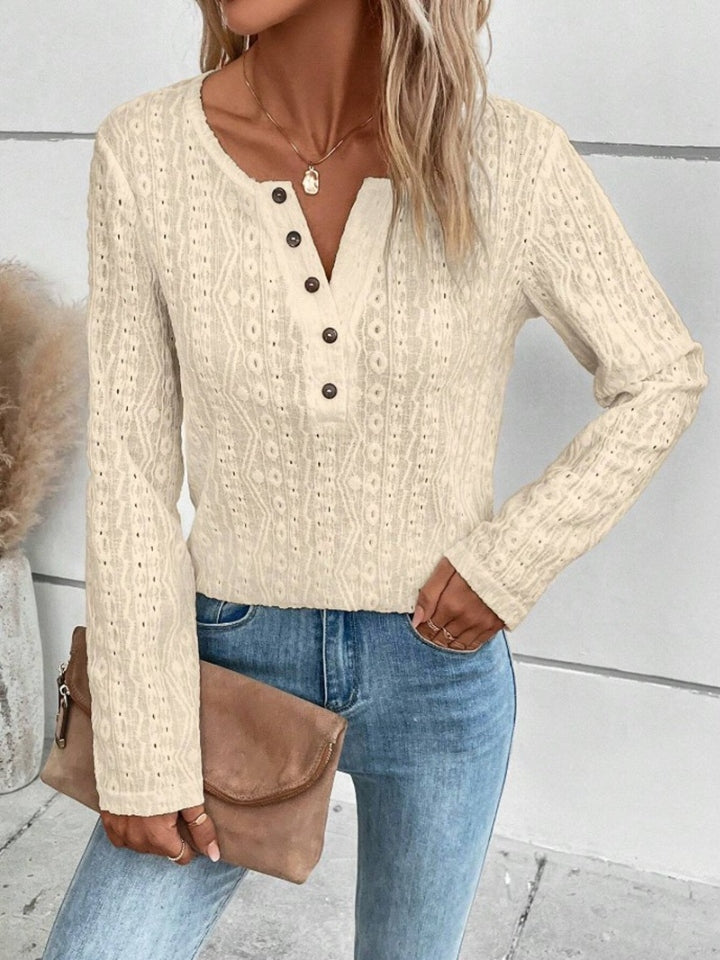 Honeybee Mumford's Openwork Half Button Long Sleeve Blouse