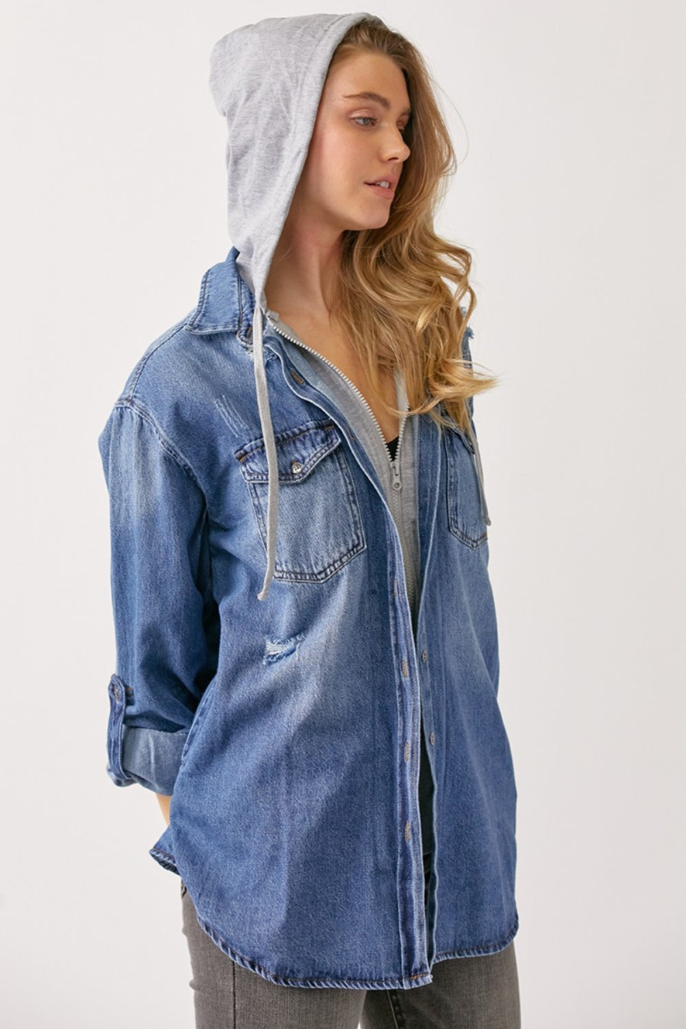 Honeybee Mumford's Zip Up Hooded Denim Shirt