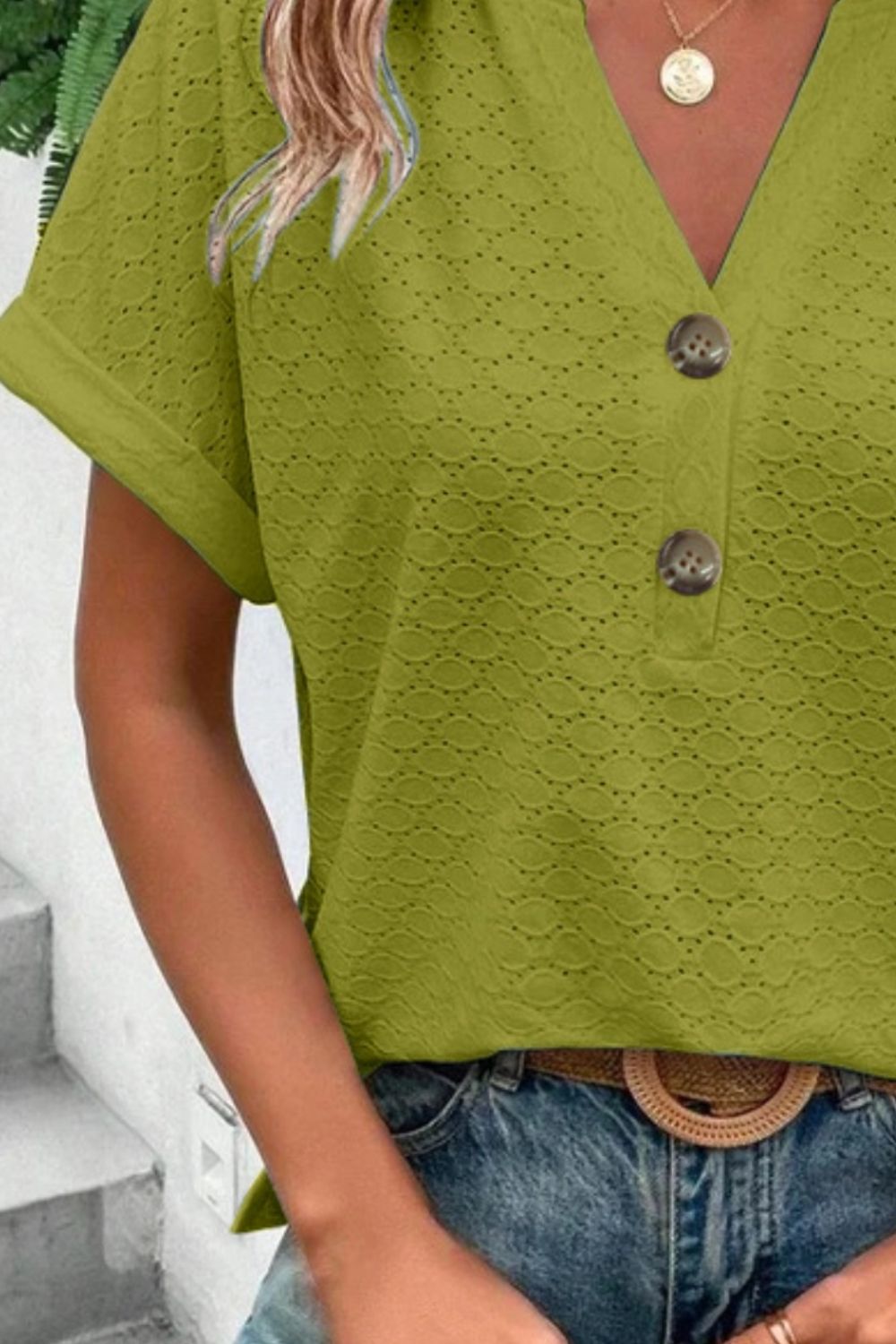 Honeybee Mumford's Eyelet Notched Short Sleeve Blouse