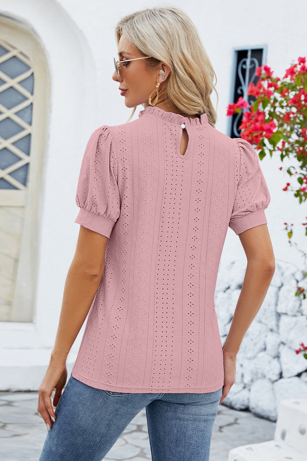 Honeybee Mumford's Frill Mock Neck Short Sleeve Eyelet Blouse